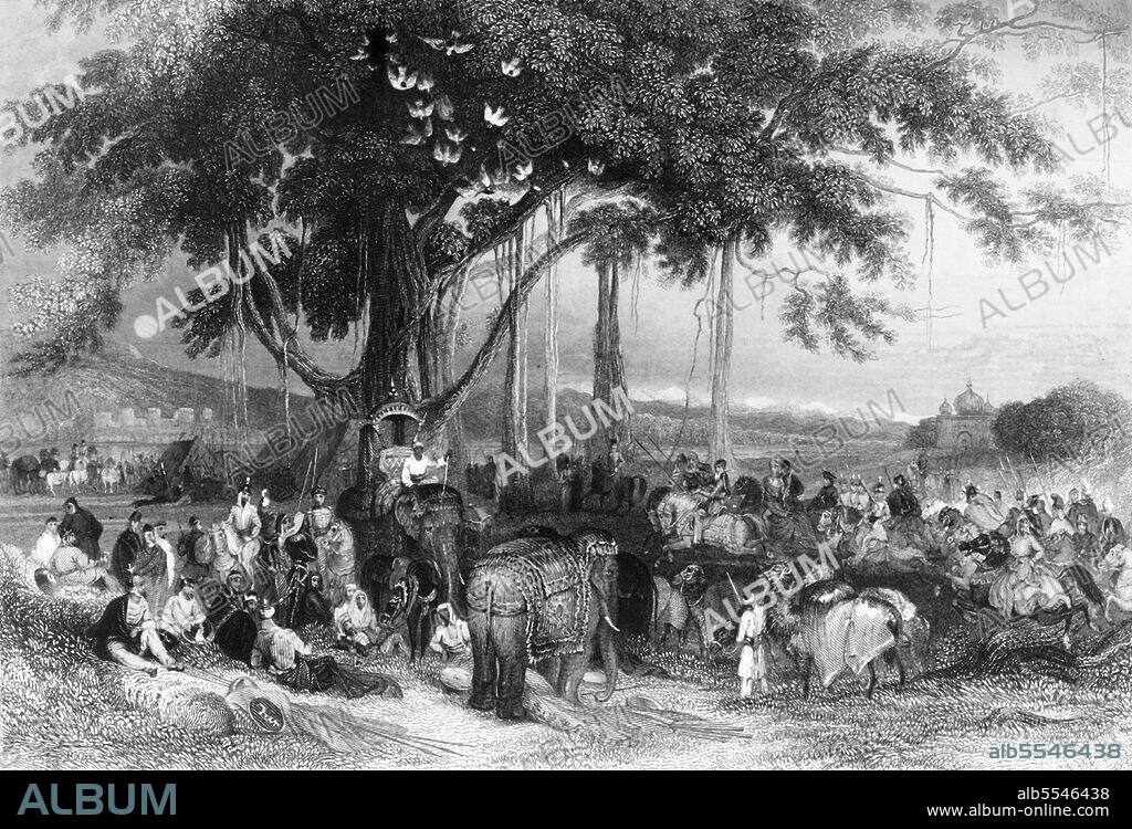 UNKNOWN. 'Runjeet Singh and his Suwarree, Cavalcade of Seiks', 1845. Camp of Maharaja Ranjit Singh under a banjan tree on the banks of the Sutlej river in India. From "Hindostan, The Shores of the Red Sea, and The Himalaya Mountains, Vol. I". [Fisher, Son & Co., London, 1845].