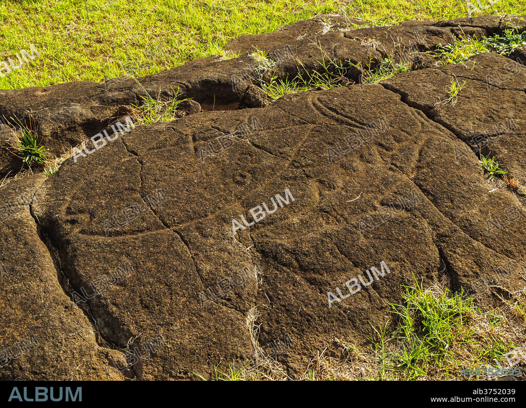 Petroglyphs in Papa Vaka, Rapa Nui National Park, UNESCO World Heritage Site, Easter Island, Chile, South America.