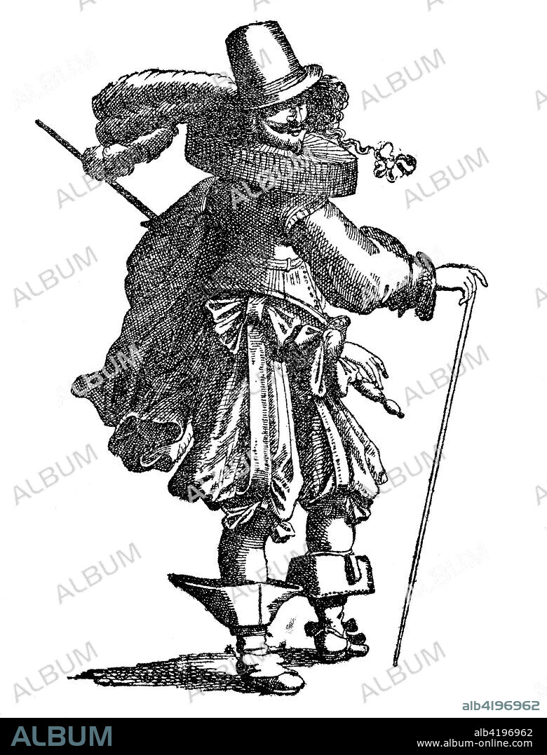 Der Deutsche Michel, the German Michael, a figure representing the national character of the German people, here an old fashioned cavalier as a symbol for foreign knowledge, Der deutsche Michel, die Figur stellt einen altmodischen Kavalier als Muster fremdlaendischer Bildung dar. Flugblatt gegen die Verderber der deutschen Sprache, 1642, digital improved reproduction of a woodcut, published in the 19th century.