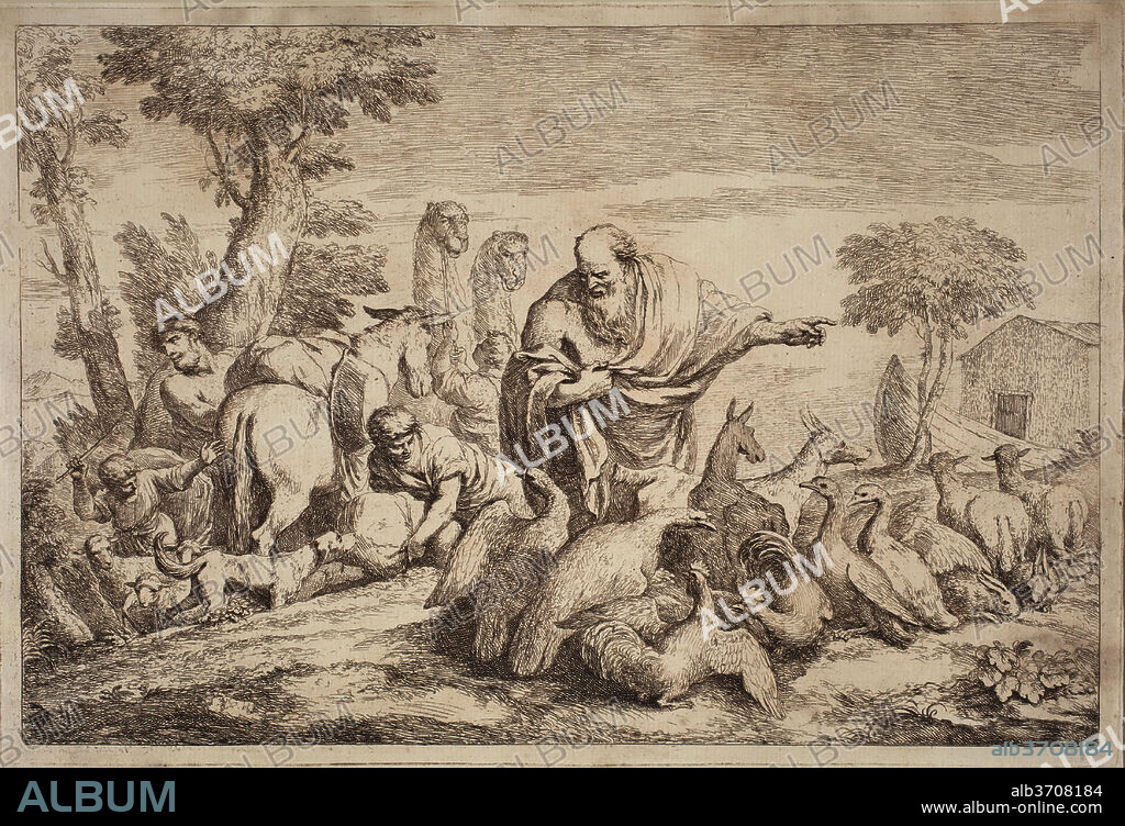 GAETANO ZOMPINI, AFTER GIOVANNI BENEDETTO CASTIGLIONE. Noah Leading the Animals to the Ark. Dated: 1758/1759. Dimensions: plate: 29 x 42.9 cm (11 7/16 x 16 7/8 in.)  plate: 32.5 x 46.8 cm (12 13/16 x 18 7/16 in.). Medium: etching in sanguine on laid paper.