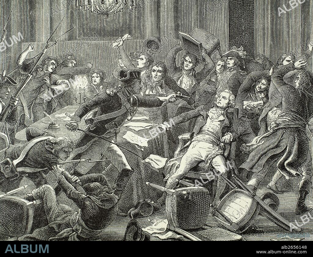LA REVOLUCION FRANCESA (Siglo XVIII). Las JORNADAS DE LOS DIAS 9 Y 10 DE TERMIDOR DEL AÑO II (27-28 de julio de 1794), conocido también con el nombre del GOLPE DE ESTADO TERMIDORIANO, pusieron fin a la época de los exaltados del gobierno jacobino del Gran Comité de Salvación Pública. "EL 9 TERMIDOR EN LAS CASAS CONSISTORIALES". Grabado.