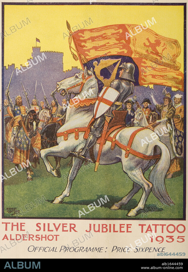 St George with Royal Standard & shield with cross of St George from Silver Jubilee Tattoo Aldershot official programme 1935 Artist Ernest Ibbetson.