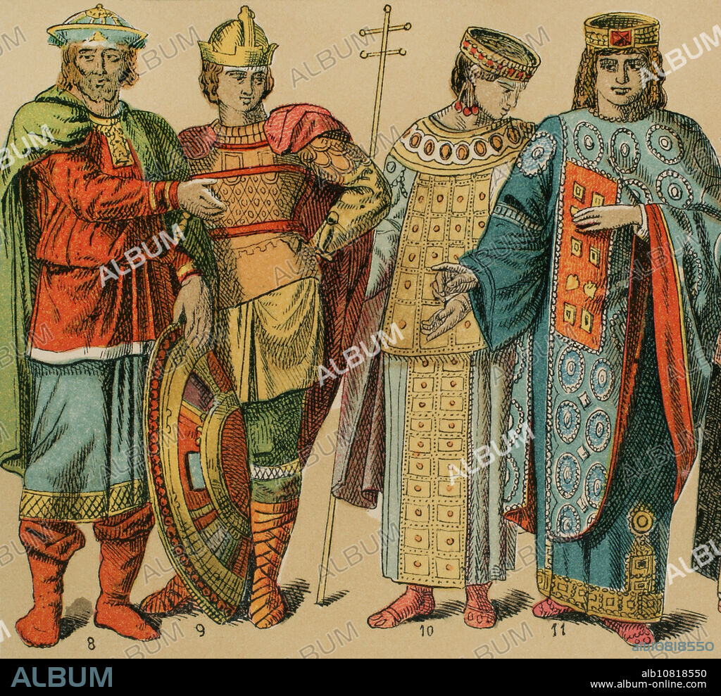 Bizantinos, 1000-1200. De izquierda a derecha, 8-9: guerreros, 10: traje regio, 11: emperatriz. Cromolitografía. "Historia Universal", por César Cantú. Tomo V, 1884.