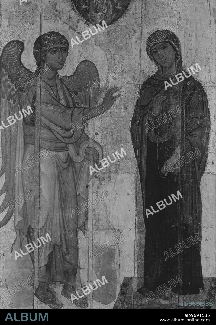 Russian Icon of Ustyug."The Annunciation" Archangel. Gabriel (left), who has descended from heaven, and the Virgin Mary (right), who has been chosen to be the Mother of God. The purpose of Saint Mary's apparitions is to prepare the last Saints to a new effusion of the Holy Spirit like at Pentecost. 12th Century. Supplied By: SCRSS - Society for Co-operation in Russian & Soviet Studies.