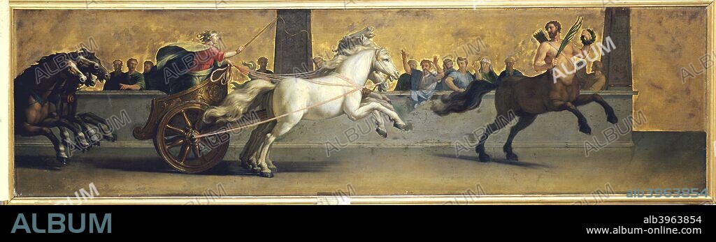 'The Education of Achilles: Chariot Racing', mid-late 17th century. Led by a centaur, the young Achilles drives a chariot pulled by four white horses in an arena. Achilles, hero of Homer's Iliad, in Greek legend was son of Thetis, chief Nereid (sea nymph) by Peleus, King of the Myrmidons. From the collection of the Louvre, Paris.