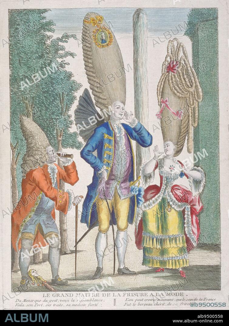 Le Grande Maitre de la Frisure a la Mode, c. 1770-1775, Unknown French ?, 18th century, 12 5/8 x 9 1/2 in. (32.13 x 24.13 cm) (sheet), Hand-colored etching, France, 18th century, This bigwig appears to be Louis XVI out for a walk in the royal gardens with Marie-Antoinette. Though this is usually considered a French caricature, its sharp anti-French satire suggests that it may have been made by a foreigner intent on tweaking the young kings court. The fall of the guillotine would eventually leave Louis with no place to wear his wig.