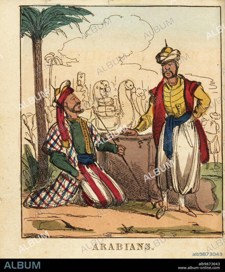 Two Arabian men under a palm tree in front of a caravan of camels. In turban, colourful robes, harem pants and slippers, one smoking a tobacco pipe. Handcoloured copperplate engraving from The World in Miniature, or Panorama of the Costumes, Manners & Customs of All Nations, John Bysh, London, 1825.
