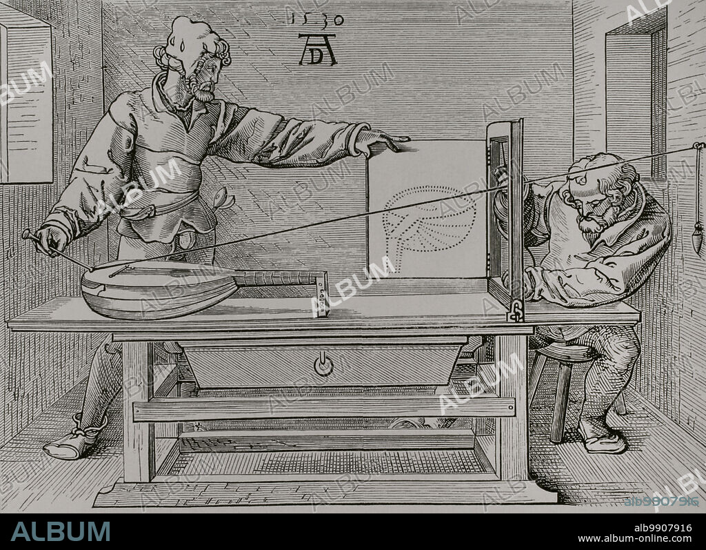 Instrumento de precisión matemática para dibujar en perspectiva. Facsímil de un grabado de la obra de Albert Durero "Institutionem Geometricarum LibrI Quatuor" en 1535. Sciences & Lettres au Moyen Age et à l'époque de la Renaissance. París, 1877.