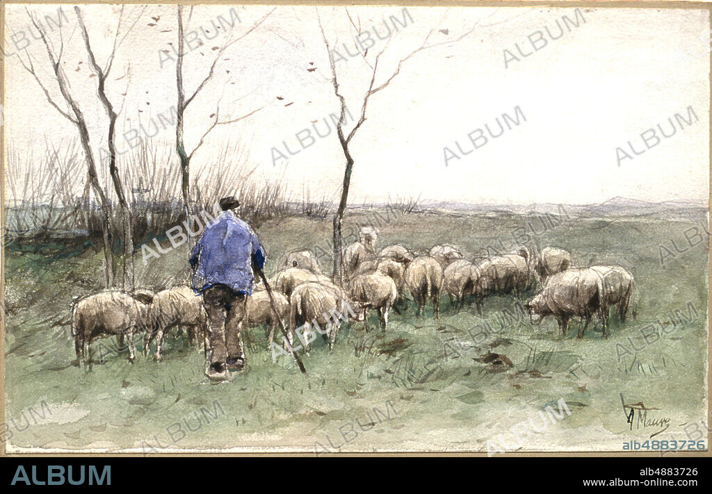 Anton Mauve, Dutch, 18381888, A Shepherd and His Flock, ca. 1885, Watercolor on paper, Overall: 7 7/16 x 11 3/4 in. (18.9 x 29.8 cm).