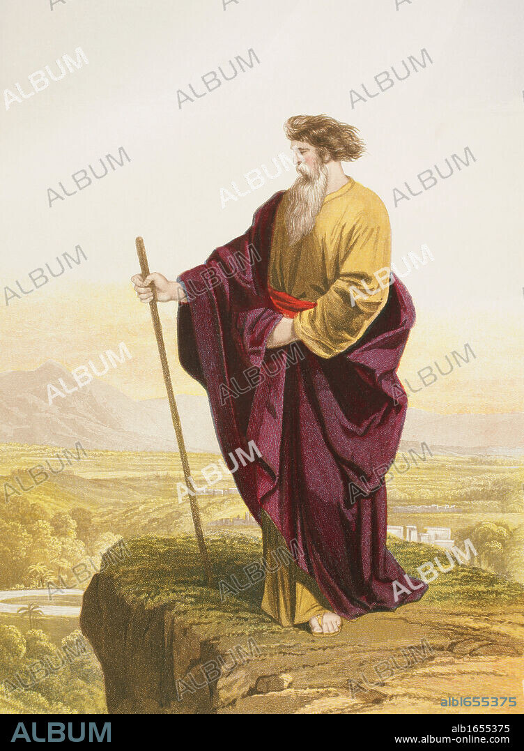 Moses viewing the promised land at the end of the exodus. From The Holy Bible published by William Collins, Sons, & Company in 1869. Chromolithograph by J.M. Kronheim & Co.