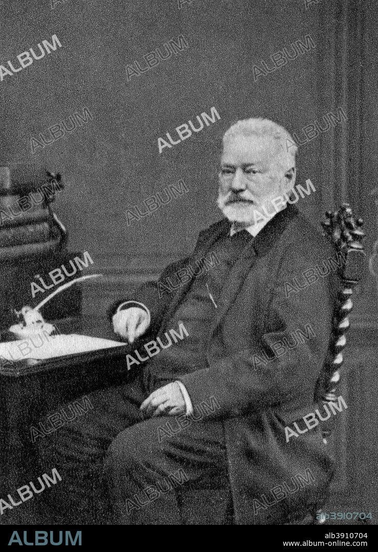 Victor Hugo, French author, 1872. Born in Besancon, Victor Hugo (1802-1885) was a central figure in the French Romantic movement. In 1848, the year of revolutions in Europe, he was elected to the Assembly as a Republican but after Napoleon III's coup d'etat he was sent into exile, living in Guernsey in the Channel Islands until 1870. His work includes Notre Dame de Paris (1831), Les Miserables (1862), Les Travailleurs de la Mer (The Toilers of the Sea) (1866). Among his plays La Roi s'amuse (1832) was banned. In its guise as Verdi's opera Rigoletto it is universally popular. A photograph from Album de Photographies dans L'Intimite de Personnages Illustres, 1850-1900, 2nd album, Editions MD, Paris.