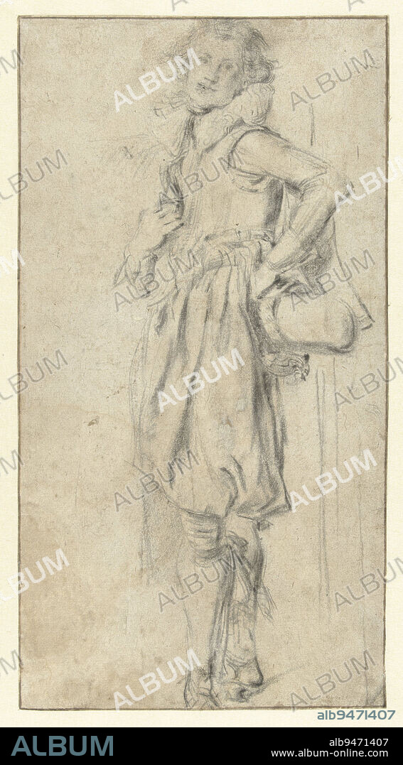 Figure study of a standing young man with left hand on hip. He is dressed according to the fashion of the nobility around 1615-1620., Standing young man with a hat in hand, draughtsman: Willem Pietersz. Buytewech, draughtsman: Dirck Hals, (rejected attribution), 1600 - 1624, paper, h 314 mm × w 167 mm.