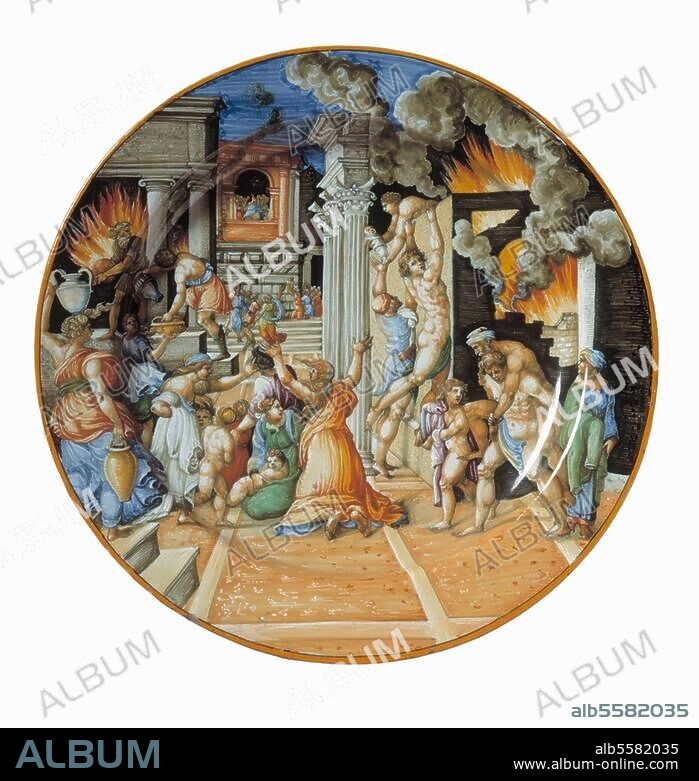 Fayence, Urbino, um 1550. Teller mit der Darstellung "Äneas flieht mit Anchises aus dem brennenden Troja" (Flucht des Äneas mit seinem gelähmten Vater Anchises und seinem Sohn Askanius aus dem brennenden Troja). (Nach Raffaels Borgobrand). Florenz, Museo Nazionale del Bargello.