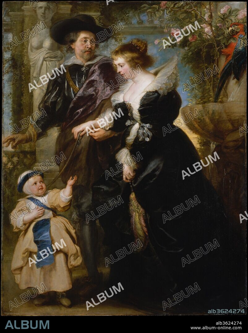 Rubens, His Wife Helena Fourment (1614-1673), and Their Son Frans (1633-1678). Artist: Peter Paul Rubens (Flemish, Siegen 1577-1640 Antwerp). Dimensions: 80 1/4 x 62 1/4 in. (203.8 x 158.1 cm). Date: ca. 1635.
This magnificent portrait shows the artist with his second wife and one of their five children strolling in a "Garden of Love." The child wears male attire and must be Frans (1633-1678). He appears without his older sister because the picture is not a family portrait but an homage to Helena as wife and mother, one of whose most important attributes was providing her husband with a son. The gestures and glances of both male figures and symbols of fecundity such as the fountain and caryatid pay tribute to Helena, who has the innocence and serenity of a female saint. For further discussion of this famous picture, visit metmuseum.org.