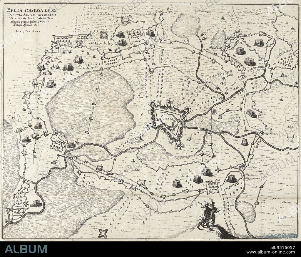 Map of the siege of Breda by the Spanish army under Spinola, 27 August 1624 to 5 June 1625 With the encirclement of the city and all the forts of the besieging troops and the army positions In the foreground two running soldiers, Map of the Siege of Breda, 1624-1625 Breda obsessa et ex pugnata armis Philipi IV Regis Hispaniar: etc Ductu Isabellae Clarae Eugeniae Hispan: Infantis virtute Ambrosij Spinolae etc Annis 1624 et r5 , print maker: anonymous, anonymous, print maker: Southern Netherlands, (possibly), Northern Netherlands, 1649 - 1699, paper, etching, h 369 mm × w 463 mm.