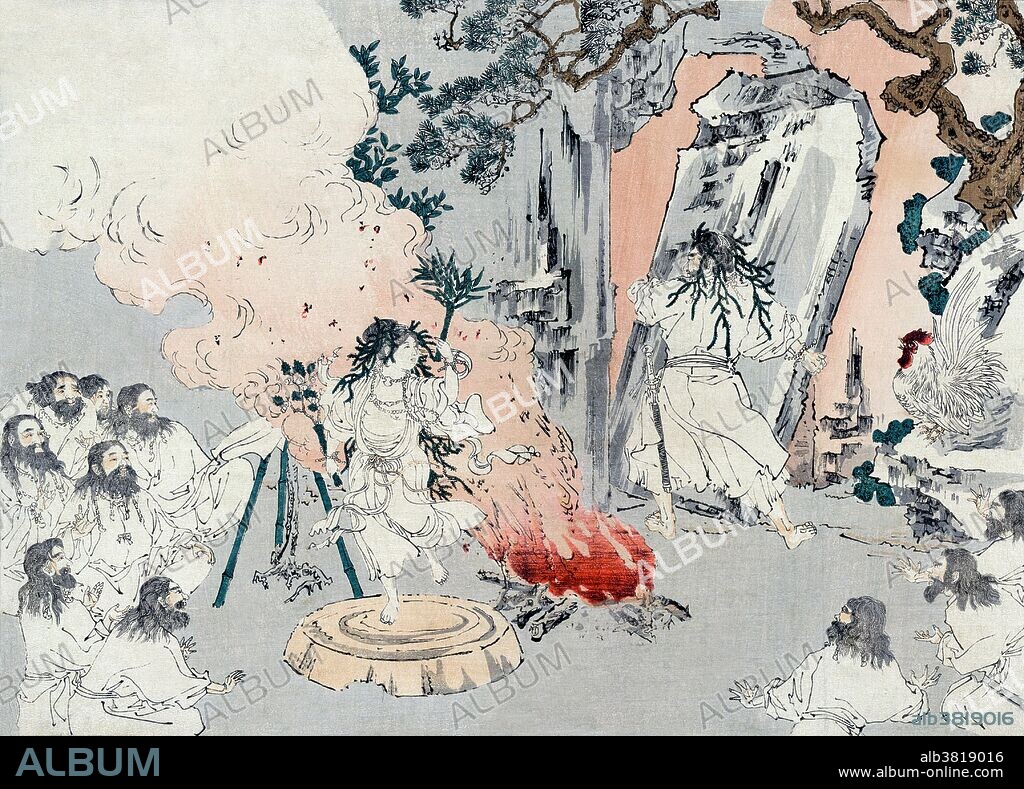 Entitled: "Ama no iwato"; shows a woman, possibly Countess Kami dancing on an overturned washtub with a group of gods facing her and a large fire behind her; in the background a warrior (Tajikara-o) moves the stone gate to the Ama no iwato cave. The purpose of the dance was to lure Amaterasu out of her heavenly cave so that the sun would again shine on the world. Ama-no-Iwato literally means "cave of the sun goddess" or "heavenly rock cave". In Japanese mythology as related in the Kojiki (Records of Ancient Matters), the bad behavior of Susano'o, the Japanese god of storms, drove his sister Amaterasu into the Ame-no-Iwato cave. The land was thus deprived of light. In order to get Amaterasu out of the cave the other gods threw a party outside. The goddess Ame-no-Uzume-no-Mikoto performed a lewd dance, eliciting much laughter. Amaterasu grew curious about the source of such mirth and peeked out of the cave entrance. She became fascinated by her own reflection in the Yata no Kagami mirror which the other gods had crafted and hung before the cave for that purpose, and stood transfixed. Ame-no-tajikarao then forced the cave open and the world was bathed in light once again. As Amaterasu stepped out of the cave a holy seal was applied to it so that she could never go back into hiding. No artist credited, circa 1880-1910.