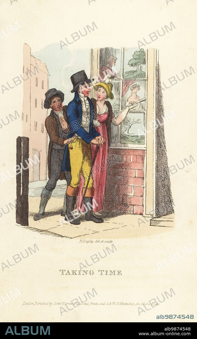 English gentleman robbed by pickpockets, London, Regency era. Tom Takeall is distracted by Julia Vernal outside a print shop while a thief steals his watch. Tom in top hat, riding coat, striped waistcoat, buff breeches and boots. Taking Time. Handcoloured copperplate engraving drawn and engraved by Richard Dagley from Takings, or the Life of A Collegian, John Warren, London, 1821.