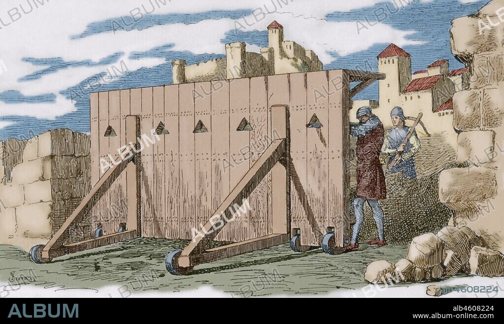 Middle Ages. Mantlet. Large shield or portable shelter used for stopping projectiles. Wood mantlet on wheels. Engraving by Serra. Museo Militar, 1883. Later colouration.