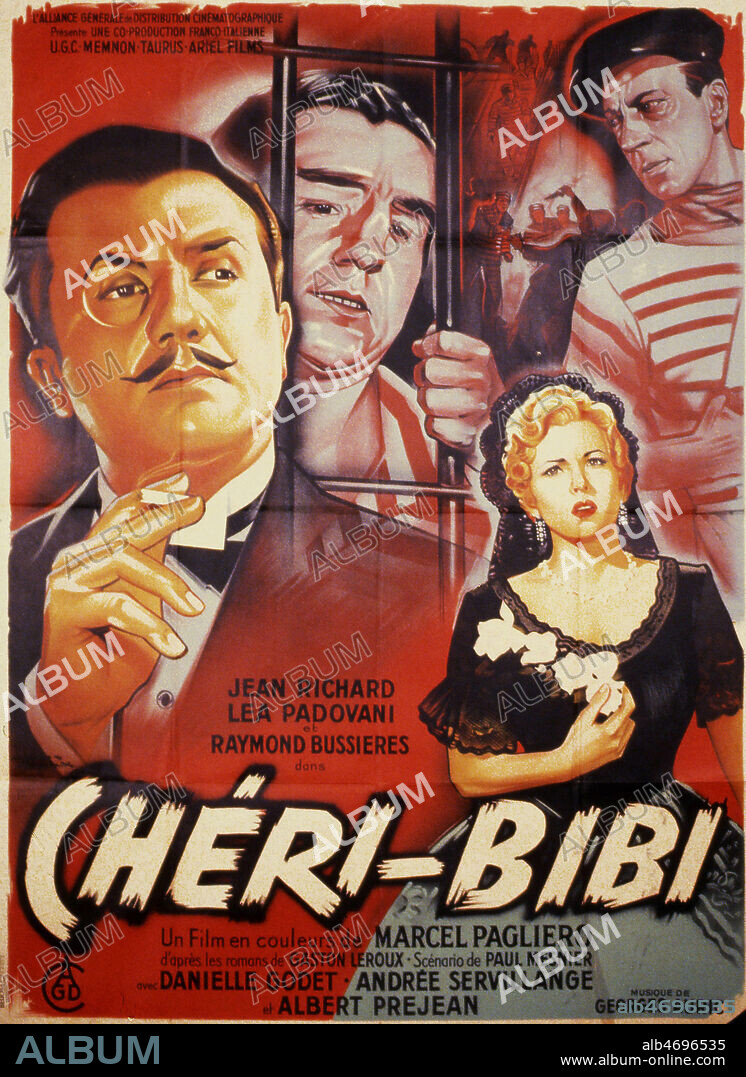 Affiche du film 'Cheri-Bibi' realise en 1954 par Marcello PAGLIERO (1907-1980) d'apres Gaston LEROUX (1868-1927) avec Jean RICHARD (1921-), Lea PADOVANI ET Jean BUSSIERE. Illustration Jacques BONNEAUD (1898-1970=ADAGP) Credit : Coll. Perron/KHARBINE-TAPABOR.