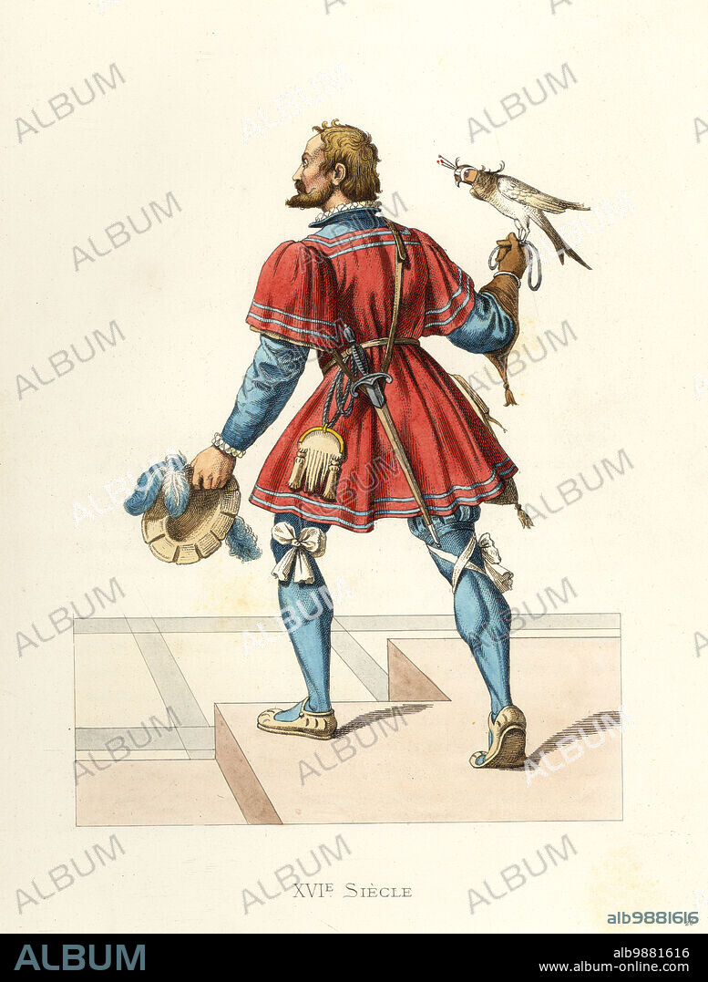 Falconer to the royal household of King Francis I, 16th century. In grey-blue vest, breeches and hose, red tunic, plumed felt hat. A gibeciere pouch, knife and lure hang from his belt. Fauconnier de la Maison de Francois I. After a tapestry in the Chateau d'Uriage. Handcolored lithograph after an illustration by Edmond Lechevallier-Chevignard from Georges Duplessis's Costumes historiques des XVIe, XVIIe et XVIIIe siecles (Historical costumes of the 16th, 17th and 18th centuries), Paris, 1867. Edmond Lechevallier-Chevignard was an artist, book illustrator, and interior designer.