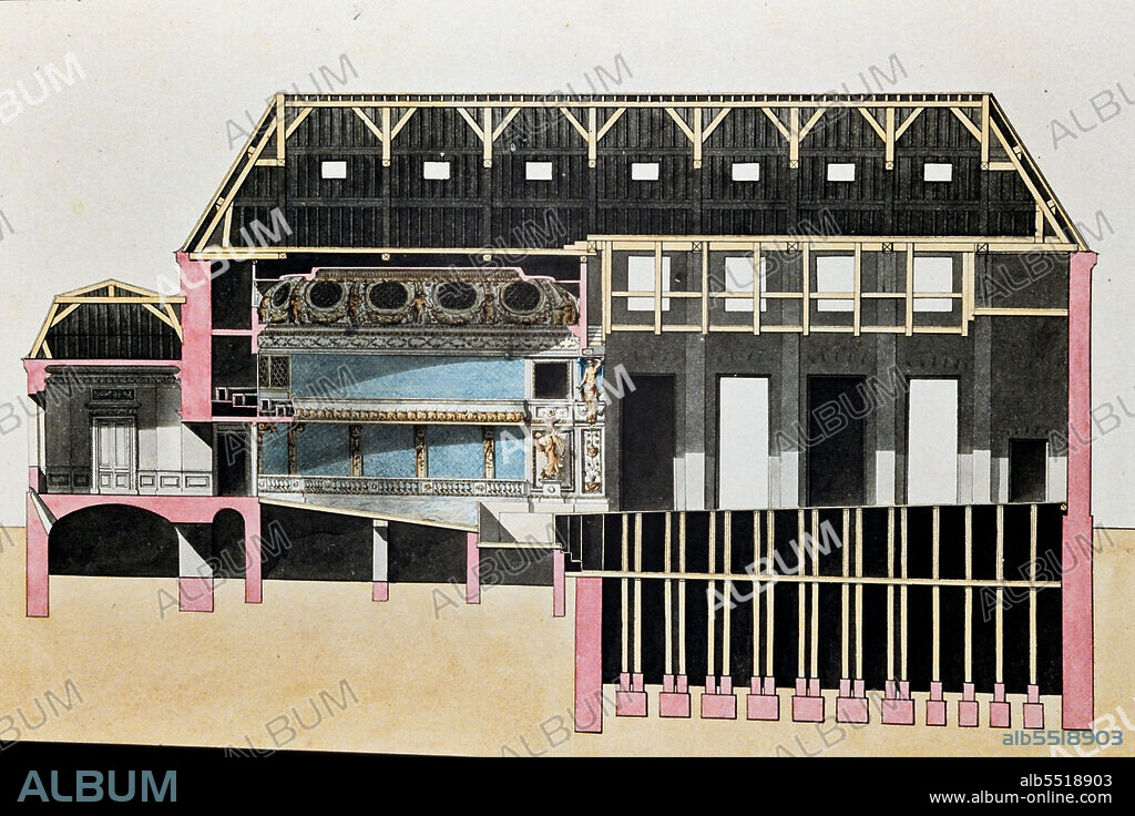 Collection of views LAlbum de Marie - Antoinette. Vues et plans du Petit Trianon à Versailles : page regarding the cross - diagonal section of the theatre. The watercolors in the collection were commissioned by the Queen of France to Claude-Louis Châtelet, while the architectural designs are by Richard Mique. Watercolor, pen and ink, 1781.