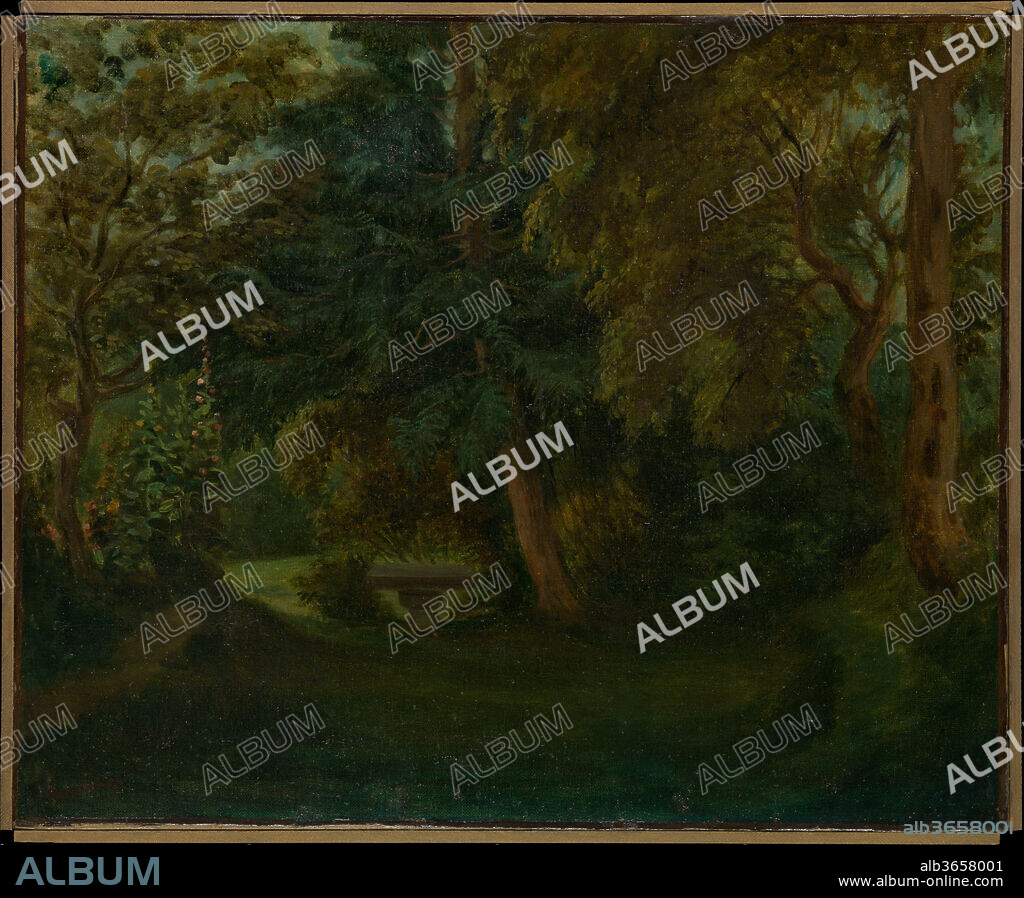 EUGENE DELACROIX. George Sand's Garden at Nohant. Artist: Eugène Delacroix (French, Charenton-Saint-Maurice 1798-1863 Paris). Dimensions: 17 7/8 x 21 3/4 in. (45.4 x 55.2 cm). Date: ca. 1842-43.
During the 1840s Delacroix made three summer visits to Nohant in central France, where he stayed at the country home of his friend the writer Aurore Dudevant, better known by her pseudonym George Sand. This verdant view on the south side of the house, whose focal point is a simple stone table (or bench), was preceded by a pencil sketch that probably dates to 1842 or 1843 (Musée Carnavalet, Paris). One of Delacroix's rare pure landscapes, it was probably painted as a gift for Sand.