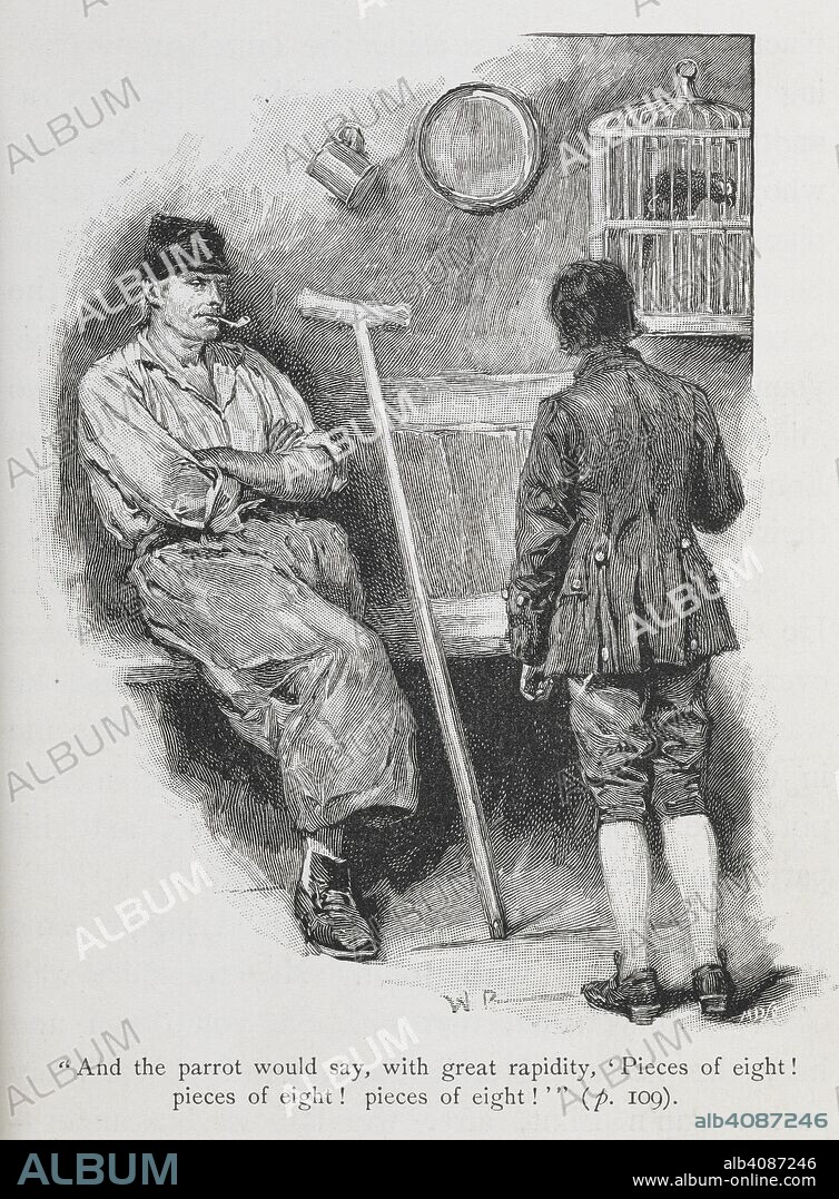 ROBERT LOUIS BALFOUR STEVENSON and WALTER PAGET. "And the parrot would say, with great rapidity, "pieces of eight ! pieces of eight ! pieces of eight !". Long John Silver, with his parrot Captain Flint, talking to Jim Hawkins. . Treasure Island ... New edition, with original illustrations by Wal Paget. London : Cassell & Co., 1899. Source: 012624.f.3 page 110.