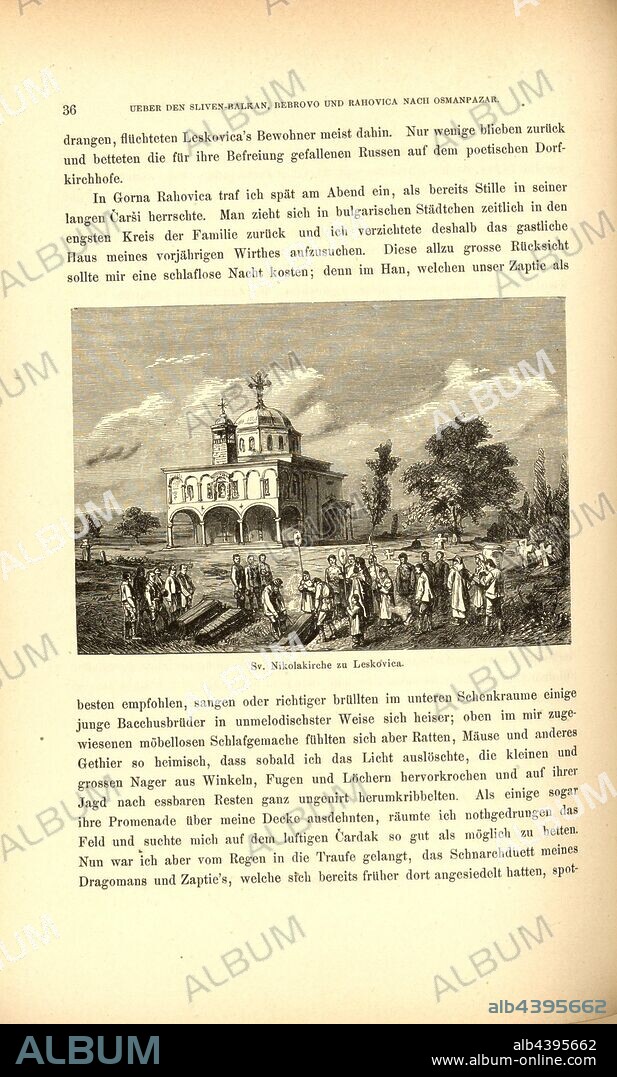Sv. Nikolakirche zu Leskovica, Funeral in front of the church in Leskovica, Fig. 84, p. 36, 1879, F. Kanitz: Donau-Bulgarien und der Balkan: historisch-geographisch-ethnographische Reisestudien aus den Jahren 1860-1879. Leipzig: Verlagsbuchhandlung von Hermann Fries, 1879-1880.