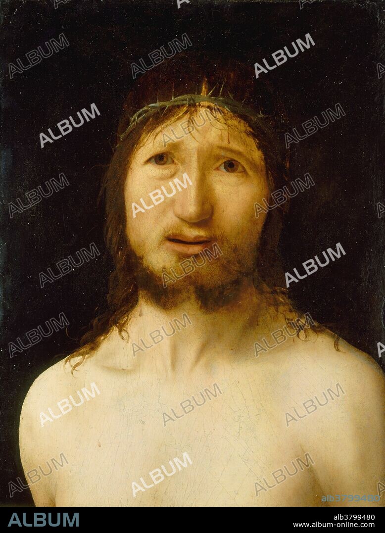 Christ Crowned with Thorns by Antonello da Messina (Antonello di Giovanni d'Antonio), oil, perhaps over tempera, on wood, circa 1470. An artist of astonishing originality, Antonello combined a Netherlandish mastery of description with an Italian emphasis on formal presentation and expression. This painting may date as early as 1470. To increase its function as an aide to meditation, Christ is shown behind a parapet - a convention Antonello appropriated from portraiture. The device enhances the effect of Christ's physical presence and suffering: "a Man of sorrows and acquainted with grief" (Isaiah 53:3). According to the biblical Gospels a woven crown of thorns was placed on the head of Jesus during the events leading up to the his crucifixion. It was one of the instruments of the Passion, employed by Jesus' captors both to cause him pain and to mock his claim of authority. It is mentioned in the Canonical gospels of Matthew (27:29), Mark (15:17), and John (19:2, 5).