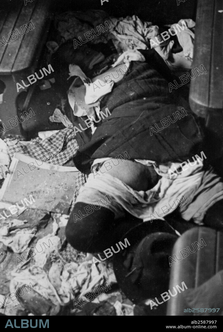 Corpses in a room of civilians that were executed during the assault on Metgethen, Germany, by Soviet troops in 1945 during World War II.