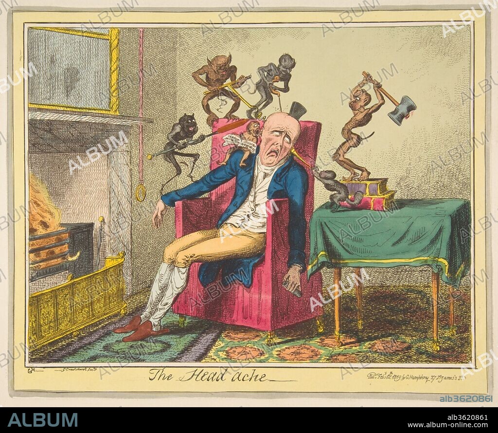 The Head Ache. Artist: George Cruikshank (British, London 1792-1878 London); After Captain Frederick Marryat (British, 1792-1848). Dimensions: plate: 8 1/8 x 10 1/16 in. (20.7 x 25.5 cm)
sheet: 10 3/4 x 12 9/16 in. (27.3 x 31.9 cm). Published in: London. Publisher: George Humphrey (British, 1773?-?1831). Date: February 12, 1819.