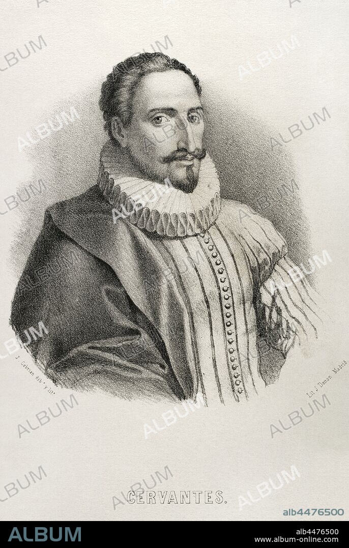 Miguel de Cervantes (1547-1616). Spanish writer. Author of Don Quixote. Portrait. Illustration by Jose Cebrian. Lithography. Cronica General de Espa–a. Historia Ilustrada y Descriptiva de sus Provincias. Asturias and Leon, 1867.