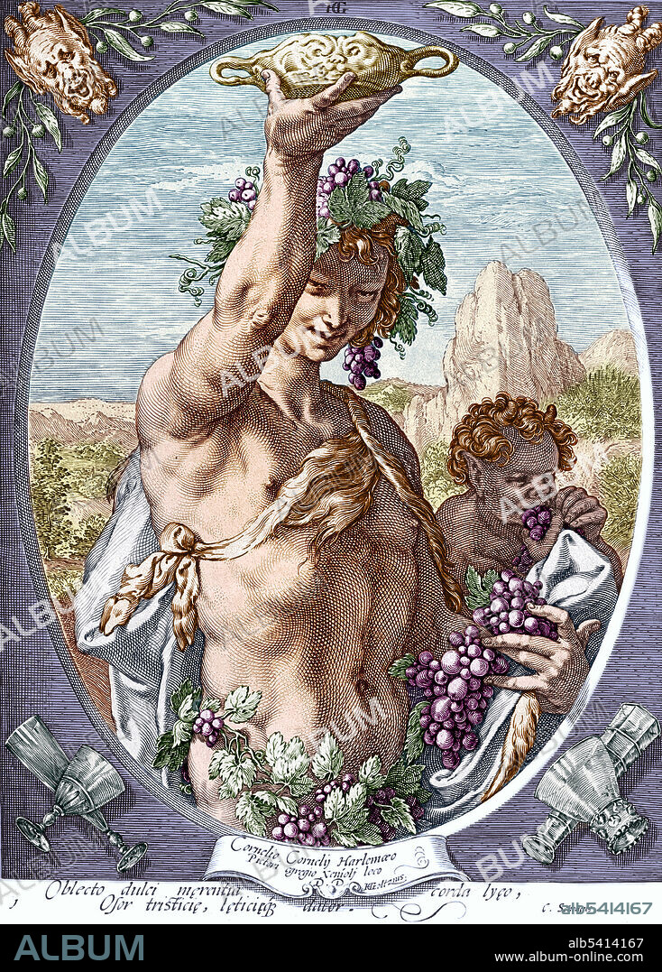 In Greek mythology, Dionysus was the god of the grape harvest, winemaking and wine, of ritual madness and ecstasy. Dionysus was the youngest and the only god to have a mortal mother. He was also known as Bacchus, the name adopted by the Romans and the frenzy he induces, bakkheia. Engraving by Hendrick Goltzius, 16th century.