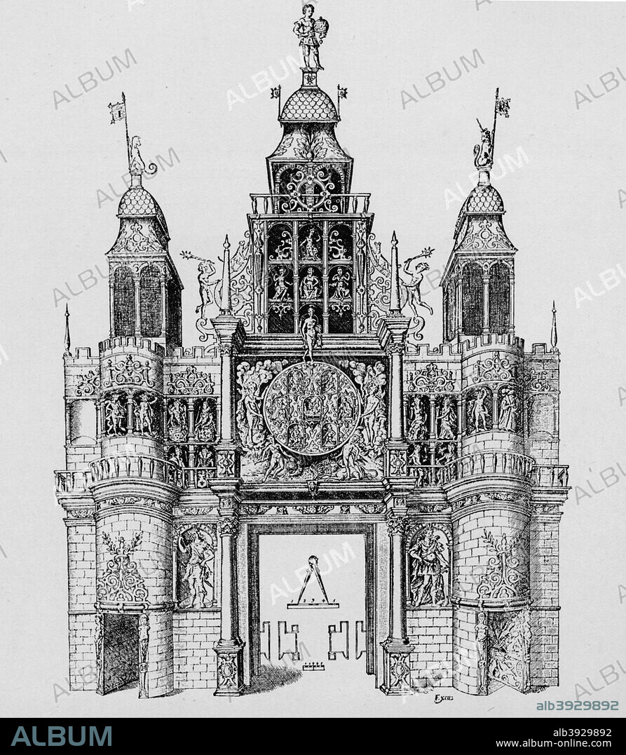 Triumphal arch erected at the time of the coronation of King James I, 1604 (1903). James VI of Scotland's (1566-1625) English coronation took place on 25 July 1603. This is one of the seven temporary wooden triumphal arches built for a formal procession by the King through the City of London in 1604. From London in the Time of the Stuarts, by Sir Walter Besant. [Adam & Charles Black, London, 1903].