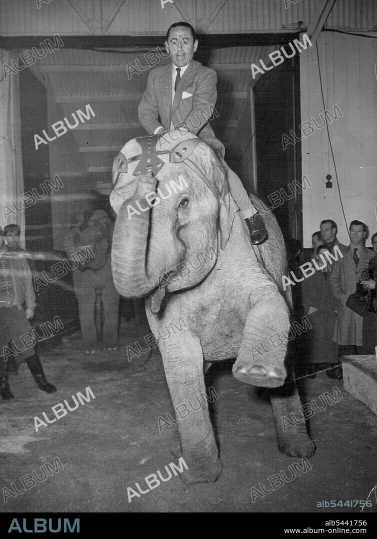 ***** Never Did This!: Jockey Charlie Smirke finds Cora the elephant, a mount with more versatility - though with less speed than a thoroughbred racehorse at Ascot today (Friday). Cora belongs to the Bertram Mills Circus, which is getting ready at Ascot for the opening of the 26th season of the Circus at Olympia, London, on December 19. December 5, 1952. (Photo by Reuterphoto).