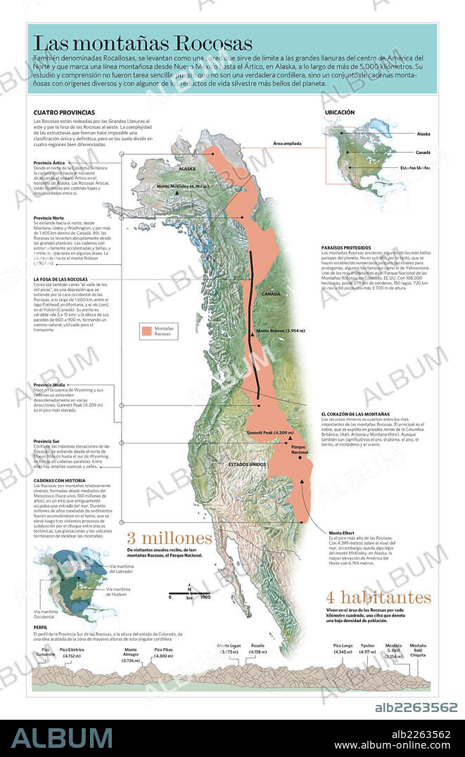Las montañas Rocosas. Infografía acerca del relieve, ubicación y características de las Montañas Rocosas, situadas en América del Norte.