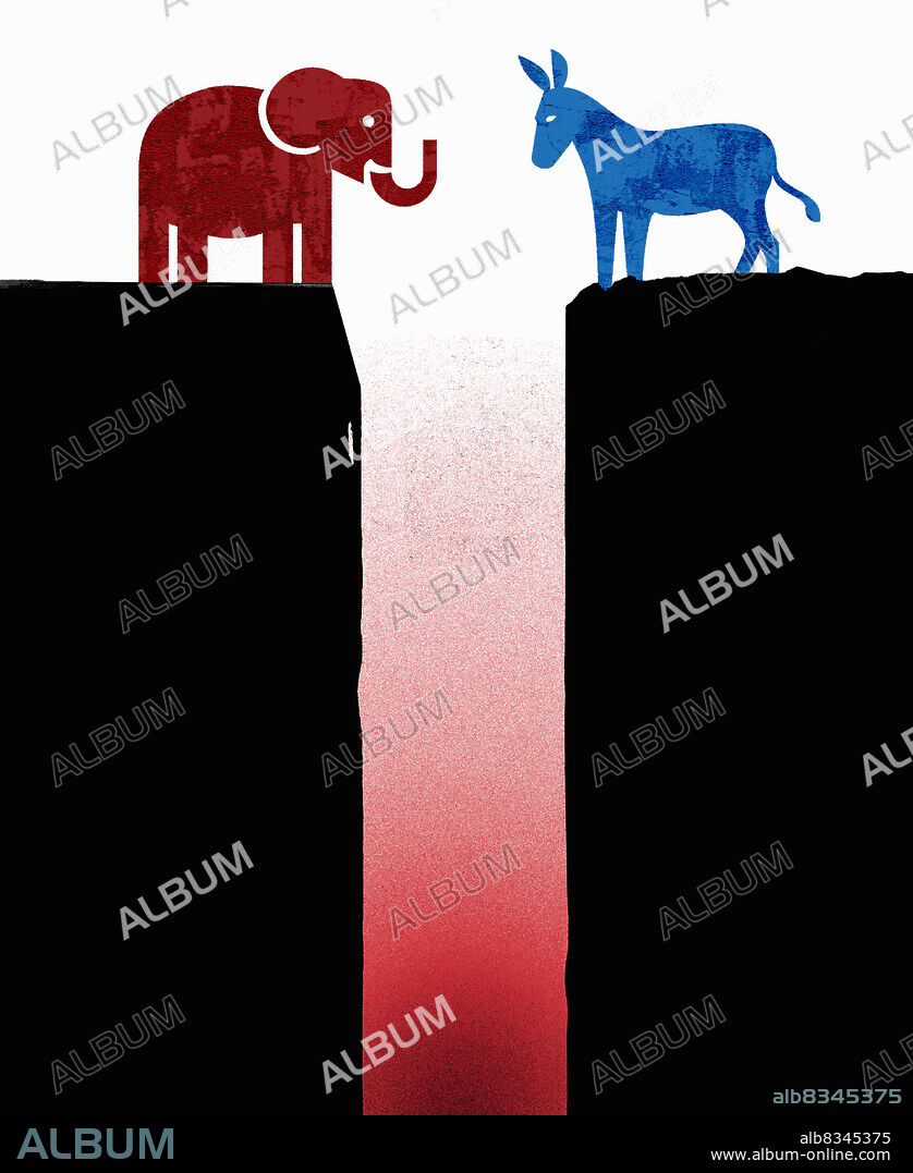 Democrat donkey and Republican elephant in face-off on opposite cliffs.