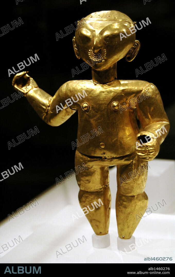 Pre-Columbian Art. Tumaco or La Tolita Culture. (600 b.C. and 200 A.C.). Standing figure. (1st. b.C.-1st. d.C.). Gold. Colombia or Ecuador. Metropolitan Museum of Art. New York. United States.