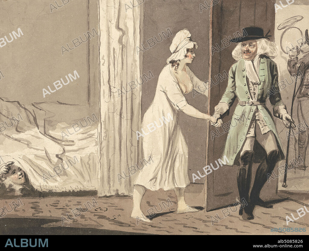 The Cuckold Departs for the Hunt, Isaac Cruikshank, 17561810, British, ca. 1800, Pen, in black ink, with watercolor on medium, slightly textured, cream, wove paper, Sheet: 6 13/16 × 8 15/16 inches (17.3 × 22.7 cm), adultery, bed, genre subject, hunt, men, woman.