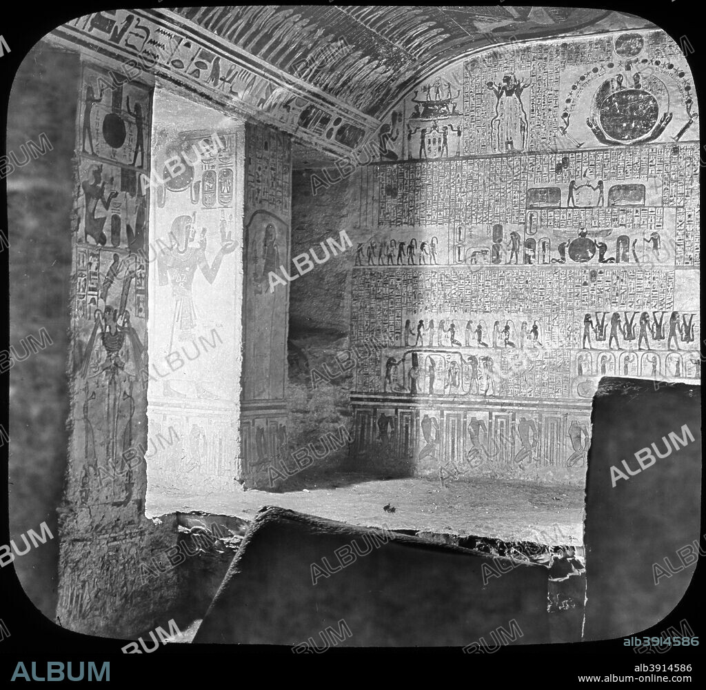 Sarcophagus and burial chamber of Rameses VI, Valley of the Kings, Egypt, c1890. Rameses VI was the fifth ruler of the Twentieth dynasty of Egypt. He reigned from 1145 to 1137 BC. His tomb is located near to that of Tutankhamun. It was ransacked and looted by grave robbers, probably not long after the pharaoh's burial. The looting served to preserve Tutankhamun's tomb from a similar fate as debris from Rameses' tomb covered the entrance to Tutankhamun's. Lantern slide.
