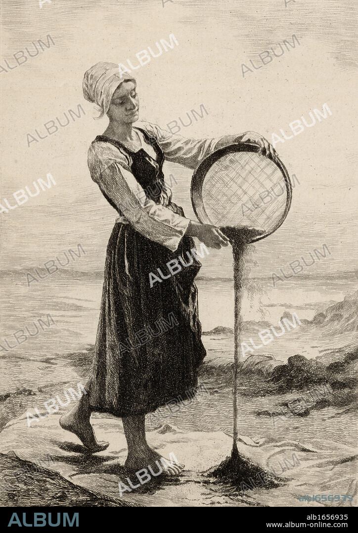 Jeune Bretonne Vannant de Ble Noir Au Bord de la Mer. Young Bretonne Winnowing Buckwheat at the Seaside. From a print by Cadart after Frederic Auguste Laguillermie, 1874.