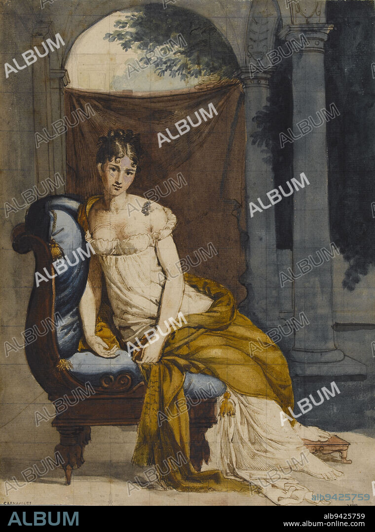 Madame Récamier, in a housecoat, seated in a languid pose in an armchair., Gérard, François, baron, Draftsman, Between 1800 and 1810, Graphic arts, Drawing, Dessin, Dimensions - Work: Height: 31.12 cm, Width: 23.3 cm, Dimensions: Height: 50 cm, Width: 40 cm.