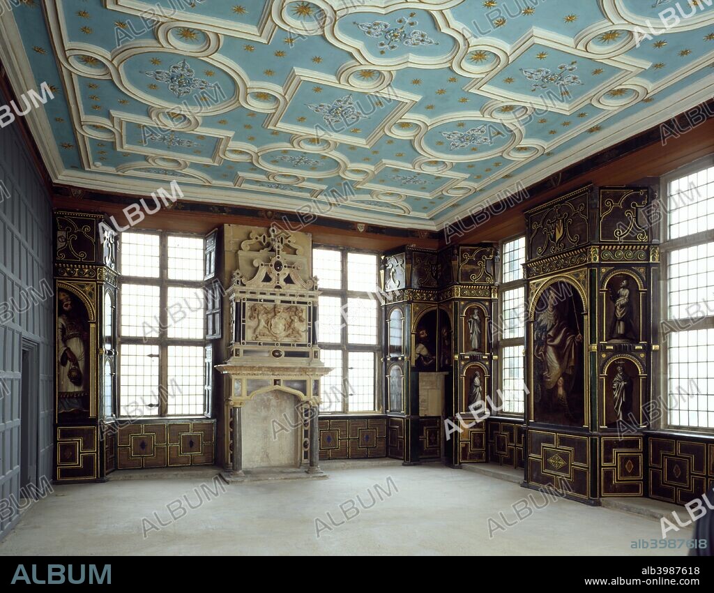 Pillar Parlour at Bolsover Castle, Derbyshire, 2000. The Star Chamber at Bolsover Castle is the 'Great Chamber' where only family and privileged guests would be allowed for meals or entertainment, while the household ate in the hall.  The ceiling has been restored to look as it would have done when first painted in 1618-19.
