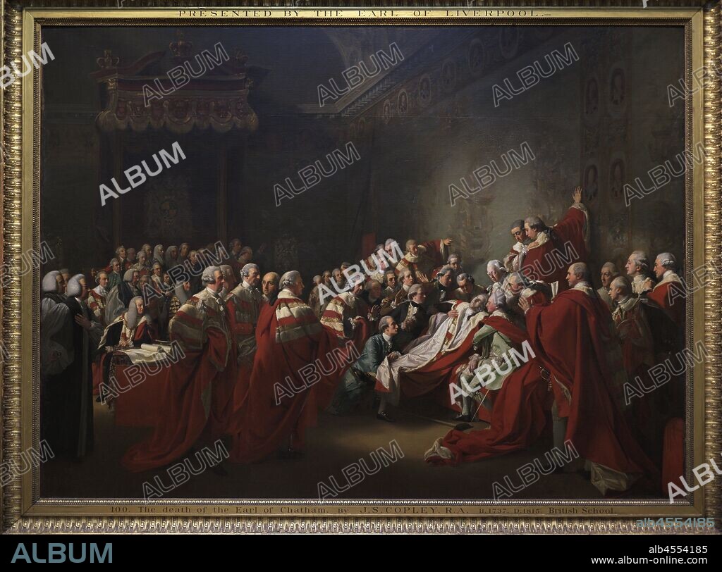 The Death of the Earl of Chatham. Painting by John Singleton Copley (1737-1815). It depicts the collapse of William Pitt, 1st Earl of Chatham, in the House of Lords, on April 7, 1778. Chatham is surrounded by his three sons and his son-in-law (Lord Mahon) and supported by the Dukes of Cumberland and Portland. Oil on canvas, 1779-1781. National Portrait Gallery. London, England, United Kingdom.