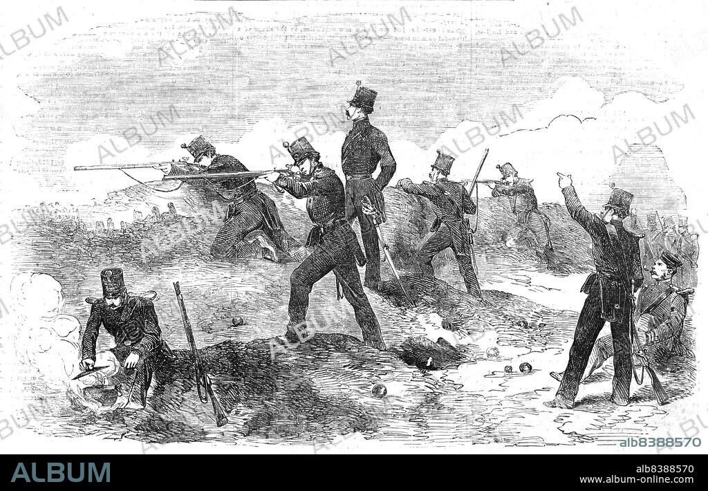 The Siege of Sebastopol - the Rifles in the Trenches, 1854. Crimean War. 'The latest accounts from the English Camp inform us that our riflemen in the trenches continue to pick off the Russian gunners in the most astonishing manner. One rifleman is said to have killed no less than fourteen in one battery, so that we need not be surprised at their bad gunnery. Never was the superiority of skill and science in war so plainly demonstrated as it has been in the use of the Minié rifle, both by the French and English, during the campaign in the Crimea. The Emperor Nicholas, who begins to see that sheer brute force and numbers are hardly a match for such enemies as he has to encounter, has resolved to organise a regiment of sharpshooters for the spring campaign, "in full view," as he says, "of the dangers that threaten our beloved fatherland".' From "Illustrated London News", 1854.