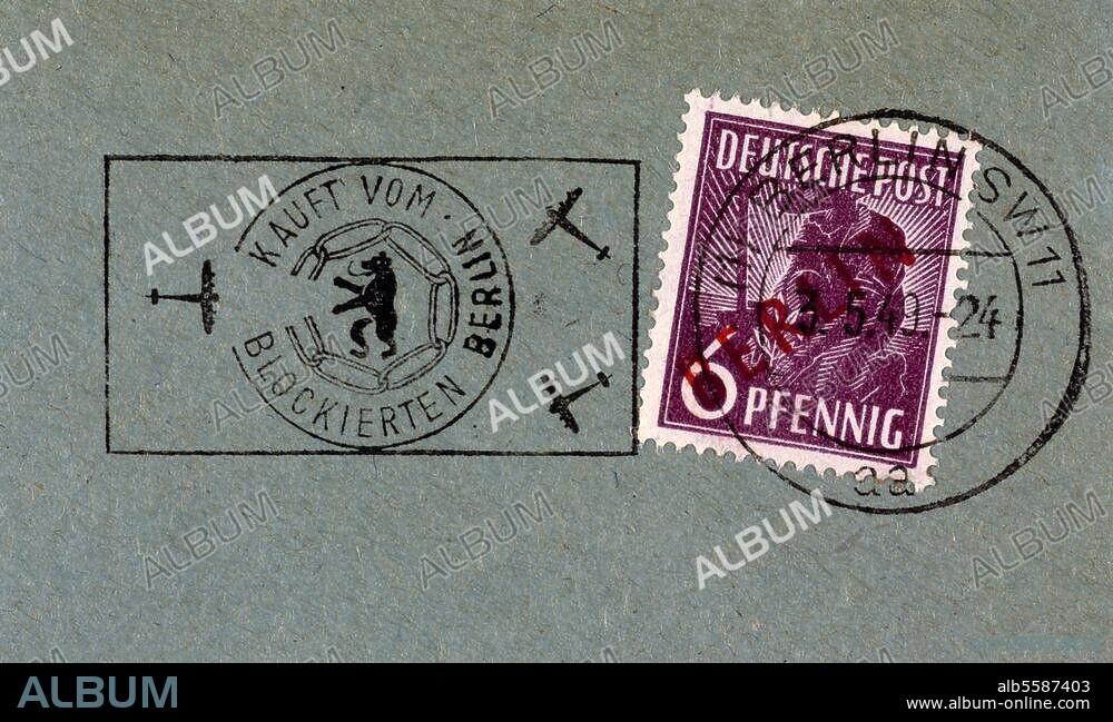 The Berlin Blockade, 24 June 1948 - 12. May 1949. (The Airlift began on 26 June). 6 Pfennig stamps of the German Post Office with the stamp "Bought from blockaded Berlin". Photo.