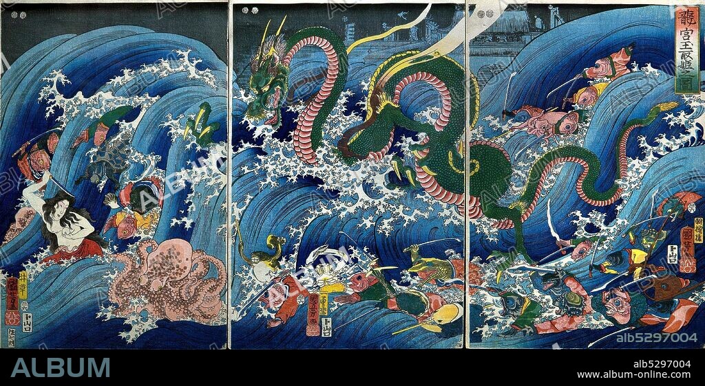 Utagawa Kuniyoshi 1798-1861. Tamatori-hime Stealing the Sacred  Jewel from the Dragon Palace (Ryugu Tamatori-hime no zu). 1853. Oban vertical triptych. 37.8 x 25.5  - 37.8 x 25.5  - 37.7 x 25.5.