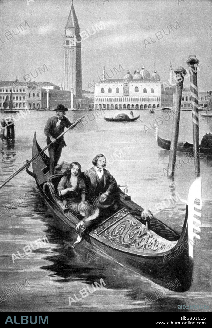Browning and his poet wife, with their son Robert on a trip through the Grand Canal. In 1845, Browning met the poet Elizabeth Barrett, six years his elder, who lived as a semi-invalid in her father's house in London. They began regularly corresponding and gradually a romance developed between them, leading to their marriage and journey to Italy (for Elizabeth's health) in 1846. The marriage was initially secret because Elizabeth's domineering father disapproved of marriage for any of his children. Mr. Barrett disinherited Elizabeth, as he did for each of his children who married: "The Mrs. Browning of popular imagination was a sweet, innocent young woman who suffered endless cruelties at the hands of a tyrannical papa but who nonetheless had the good fortune to fall in love with a dashing and handsome poet named Robert Browning." At her husband's insistence, the second edition of Elizabeth's Poems included her love sonnets. The book increased her popularity and high critical regard, cementing her position as an eminent Victorian poet. From the time of their marriage and until Elizabeth's death, the Brownings lived in Italy. Their only child, Robert Wiedemann Barrett Browning, nicknamed "Pen", was born in 1849.