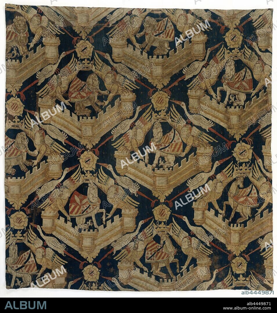 Carpet with the arms of Rogier de Beaufort, Turenne and De Comminges (fragment), Fragment of a tapestry. On blue ground a pattern of diamond-shaped figures formed by four storks has been applied in white, red, yellow, light and dark brown and black, alternatively with the beaks and legs facing each other. Inside these windows is a castellated castle with three towers, from the extremes of which winged angels rise who together hold a crown above the head of a deer, elephant or unicorn. Above the crown, the coat of arms of Turenne (bar of gold and throat) and rogier de Beaufort (rovier de Beaufort (field of silver with six throat flowers and a glaze bar) placed alternately in a five-leaf rose. The animals inside the wall carry a weapon tied at their necks and alternately quartered, 1 and 4 from Turenne, 2 and 3 from Rogier de Beaufort and shared 1 from Turenne and Rogier de Beaufort, 2 from Comminges (from throat with 4 to 1 silver almonds) loaded with four Turenne shields. These weapons can only belong to Guillaume Rogier de Beaufort, deputy de Turenne and Seigneur D'Alais, who was married to Eléonore de Comminges. The weaver of Turenne was wrongly made of gold and throat by the weaver, it was supposed to be silver and throat, shore-birds and wading-birds: stork, angels crowning and / or bringing palm-branches, trunked animals: elephant, unicorn, hoofed animals: deer, Guillaume III Roger de Beaufort, Aliénor de Comminges, anonymous, France, c. 1376 - c. 1378, ketting, inslag, tapestry, h 221.5 cm × w 210 cm.