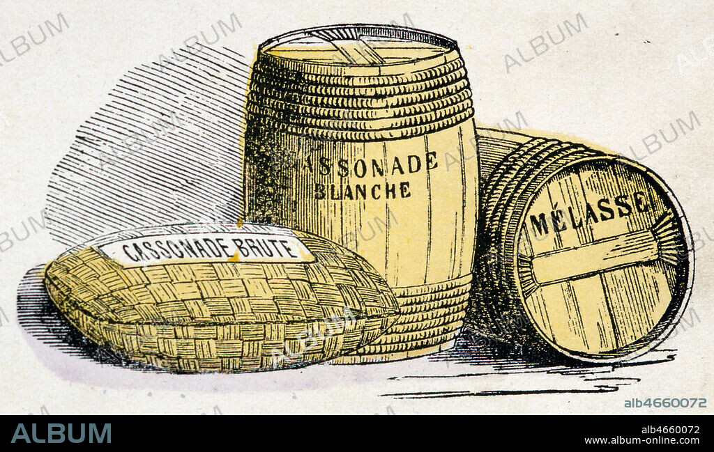 Cassonade brute, cassonade blanche, melasse. Illustration anonyme pour Les recreations instructives par Jules DELBRUCK vers 1860. Credit : Collection KHARBINE-TAPABOR.